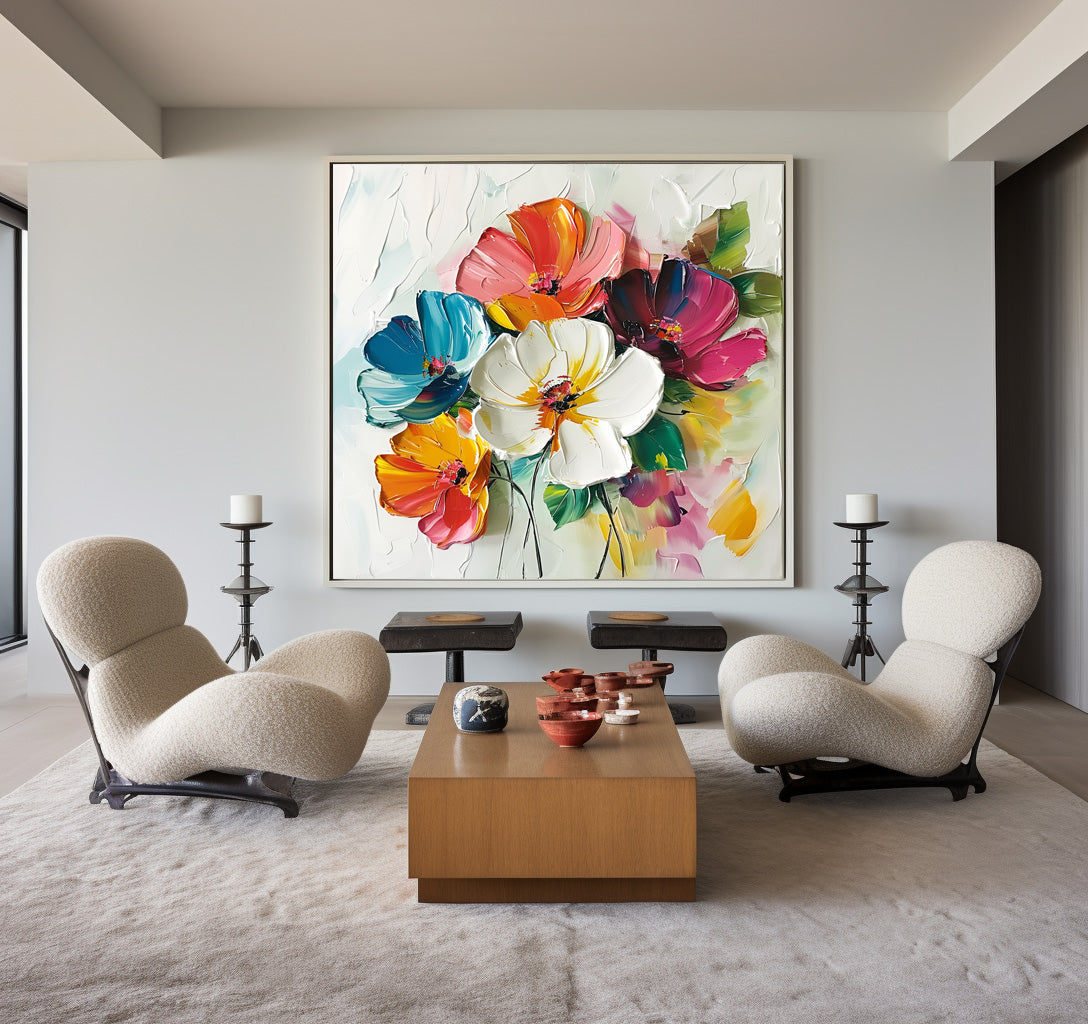 Vibrant Floral Abstract Oil Painting with Bold Colors and Dynamic Texture