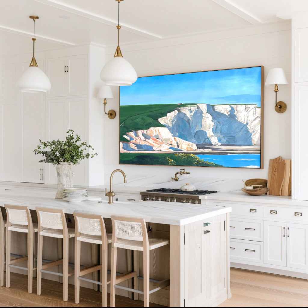 Coastal Bliss: Exquisite Oil Painting of Serene Cliffs and Tranquil Waters