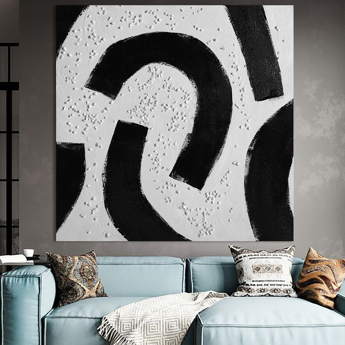 Abstract Black and White Circle Textured Oil Painting for Modern Home Decor