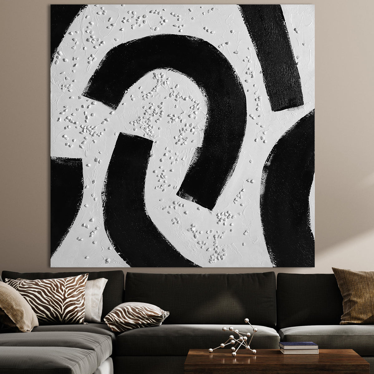 Abstract Black and White Circle Textured Oil Painting for Modern Home Decor