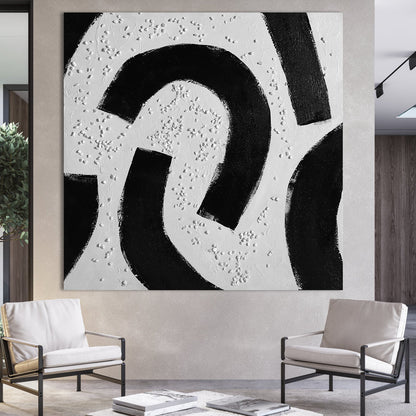 Abstract Black and White Circle Textured Oil Painting for Modern Home Decor