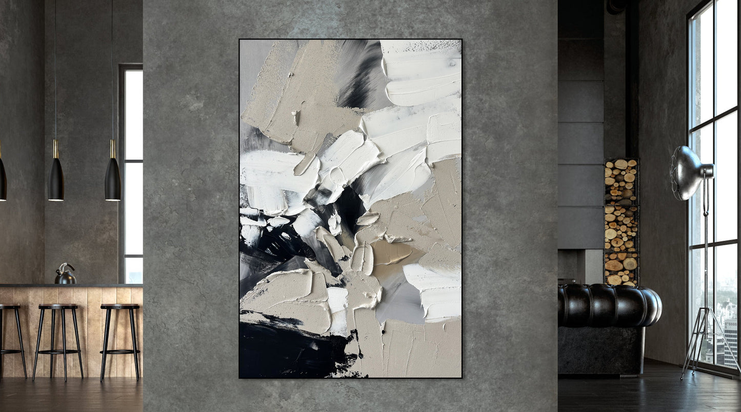 Modern Abstract Oil Painting in Elegant Black and White Tones