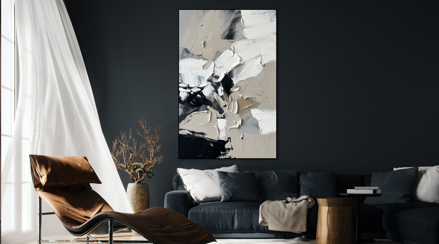 Modern Abstract Oil Painting in Elegant Black and White Tones