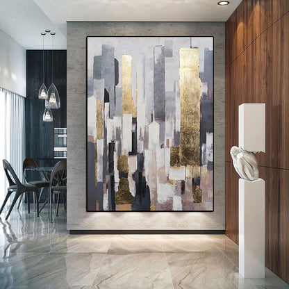 Abstract Urban Elegance with Gold Accents - Modern Oil Painting for Contemporary Decor