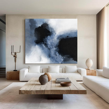 Serene Blue and Black Abstract Oil Painting for Modern Home Decor