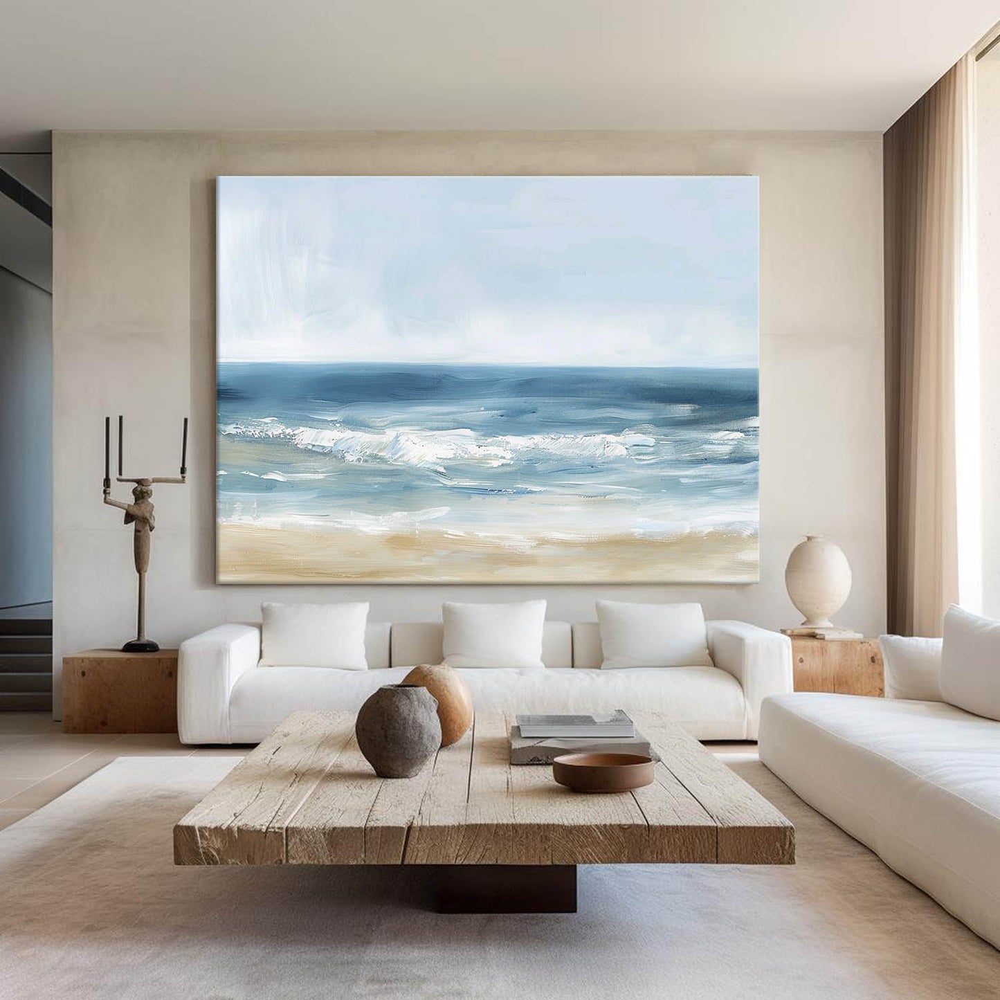 Serene Coastal Oil Painting with Gentle Waves and Soft Sand Shoreline