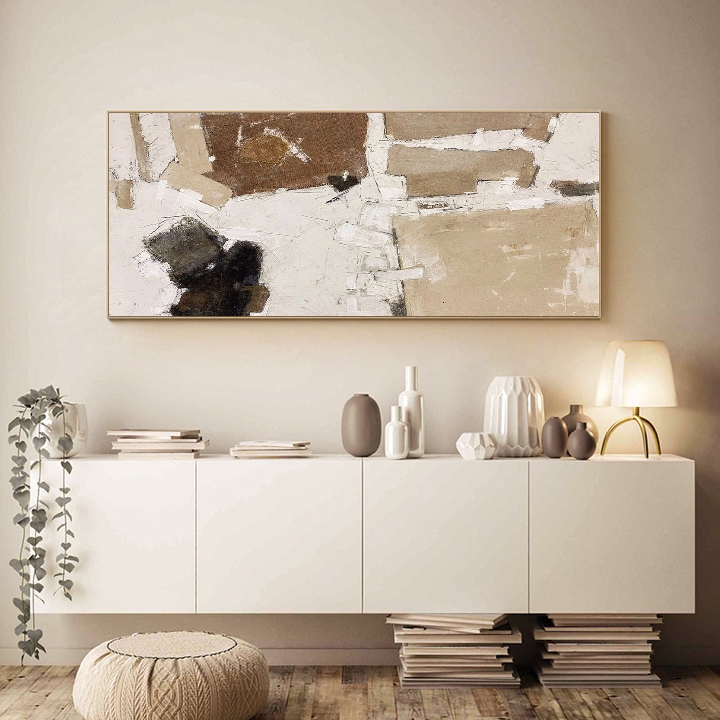 Contemporary Minimalist Abstract Oil Painting in Earth Tones and Textured Layers