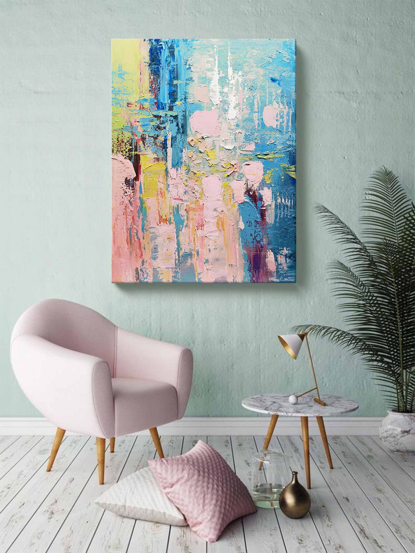 Vibrant Abstract Oil Painting with Blue and Pink Tones for Modern Home Decor