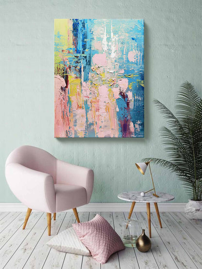 Vibrant Abstract Oil Painting with Blue and Pink Tones for Modern Home Decor