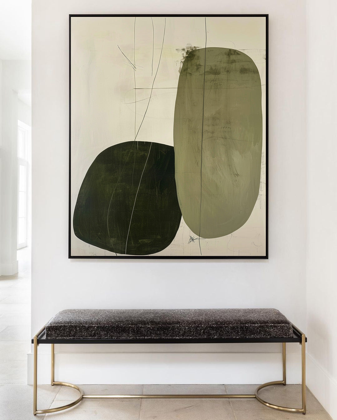 Contemporary Minimalist Oil Painting with Abstract Shapes and Earthy Tones