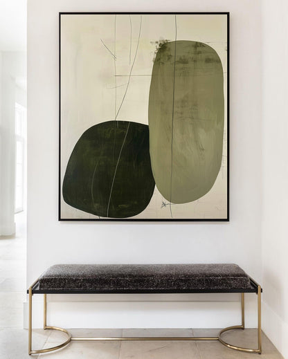 Contemporary Minimalist Oil Painting with Abstract Shapes and Earthy Tones