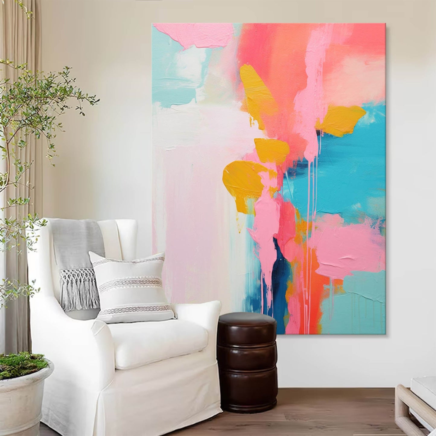 Vibrant Abstract Oil Painting in Pink, Blue, and Yellow for Modern Home Decor