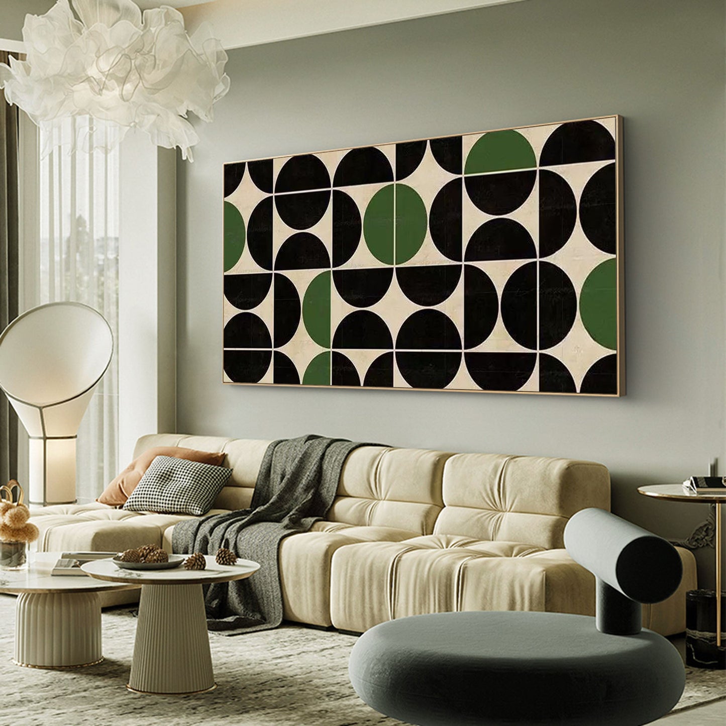 Abstract Geometric Oil Painting in Black and Green for Modern Minimalist Decor