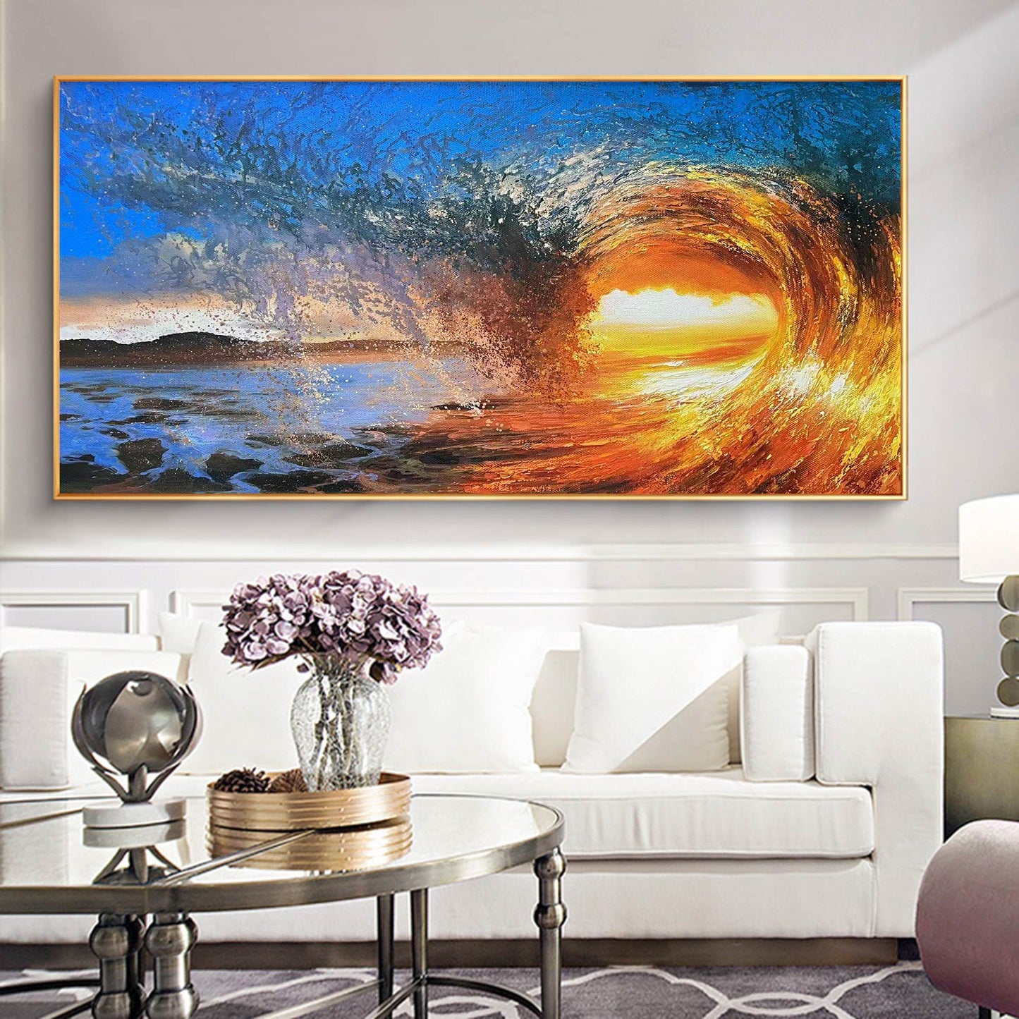 Vibrant Sunset Wave Over Ocean - Stunning Oil Painting for Beach Lovers