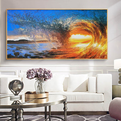 Vibrant Sunset Wave Over Ocean - Stunning Oil Painting for Beach Lovers