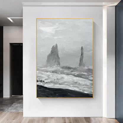 Monochromatic Coastal Landscape Oil Painting with Dramatic Waves and Rocks