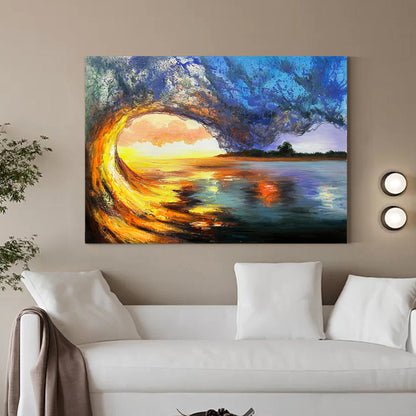 Vibrant Sunset Over Ocean Wave Landscape Oil Painting for Home Decor