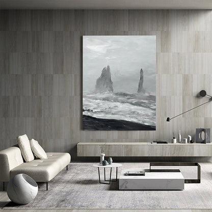 Monochromatic Coastal Landscape Oil Painting with Dramatic Waves and Rocks