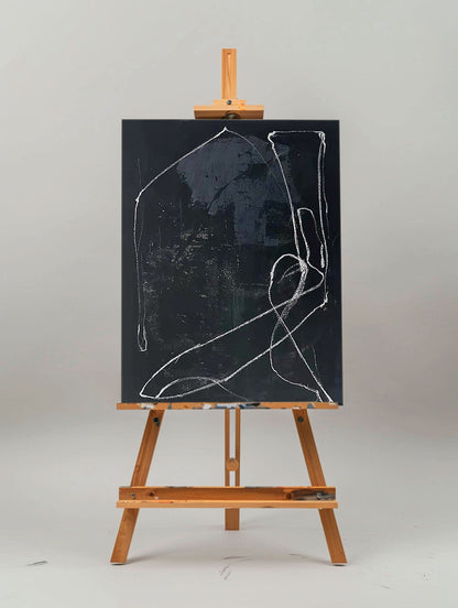 Chic Black Abstract Oil Painting with Elegant White Lines for Modern Decor