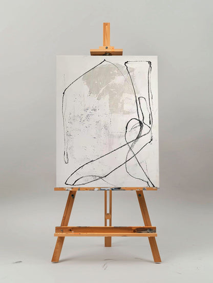 Contemporary White Abstract Oil Painting with Minimalist Line Art Design