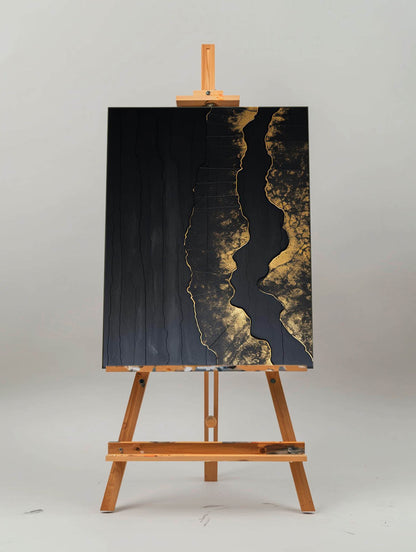 Elegant Minimalist Black and Gold Abstract Oil Painting for Modern Decor
