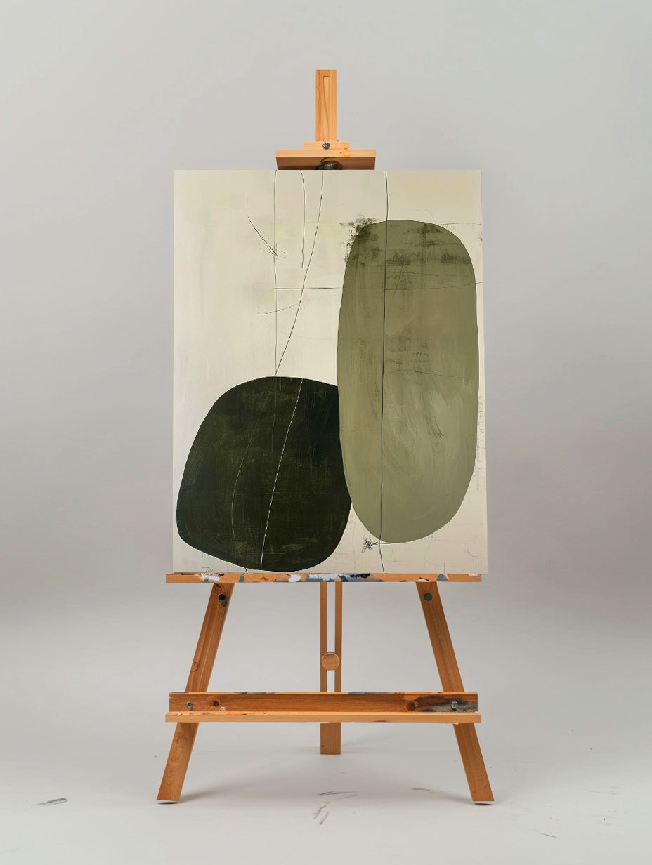 Contemporary Minimalist Oil Painting with Abstract Shapes and Earthy Tones