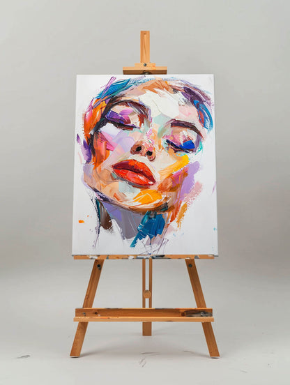 Vibrant Modern Abstract Oil Painting of a Serene Woman's Face