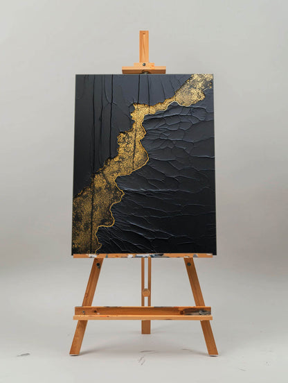 Elegant Black and Gold Minimalist Abstract Oil Painting for Modern Home Decor