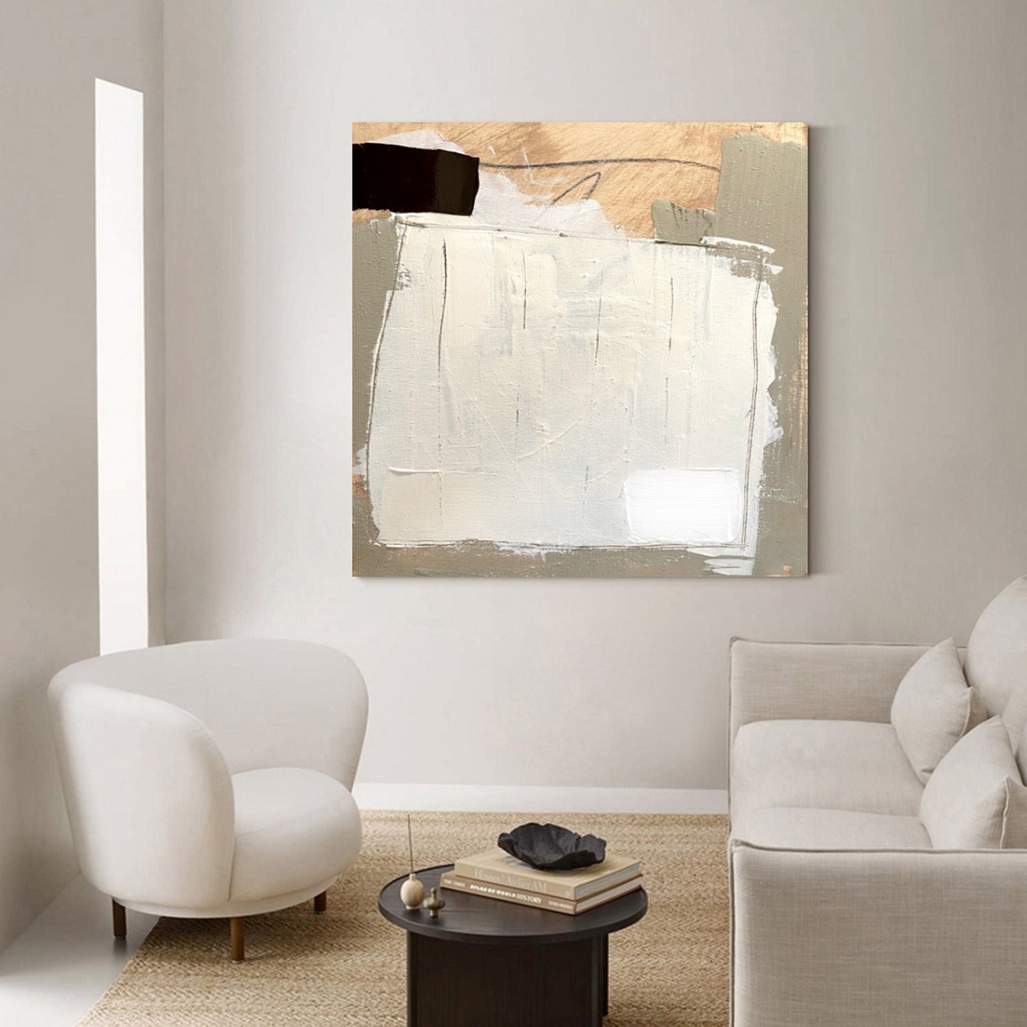 Contemporary Abstract Oil Painting with Neutral Tones and Textured Depth