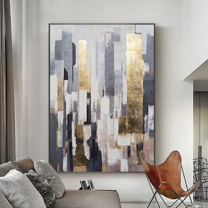 Abstract Urban Elegance with Gold Accents - Modern Oil Painting for Contemporary Decor