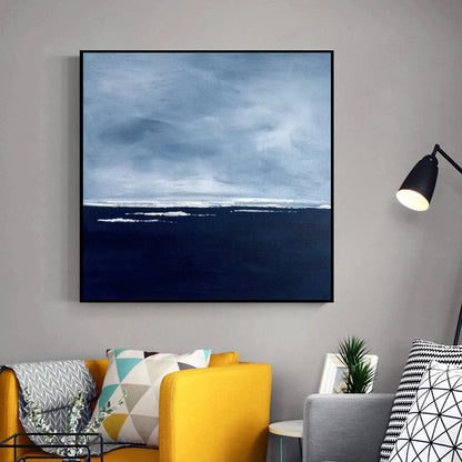 Serene Coastal Horizon: Abstract Blue Oil Painting for Modern Decor