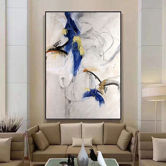 Abstract Blue and Yellow Oil Painting for Modern Living Room Decor