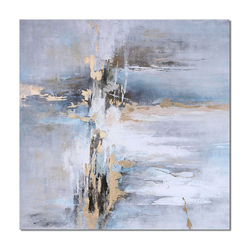 Abstract Coastal Serenity Oil Painting in Soft Blues and Golds for Modern Decor