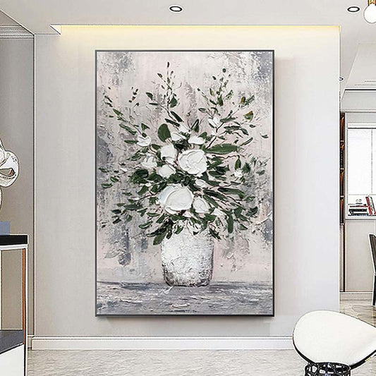 Elegant White Flower Bouquet in Glass Vase - Modern Oil Painting for Home Decor