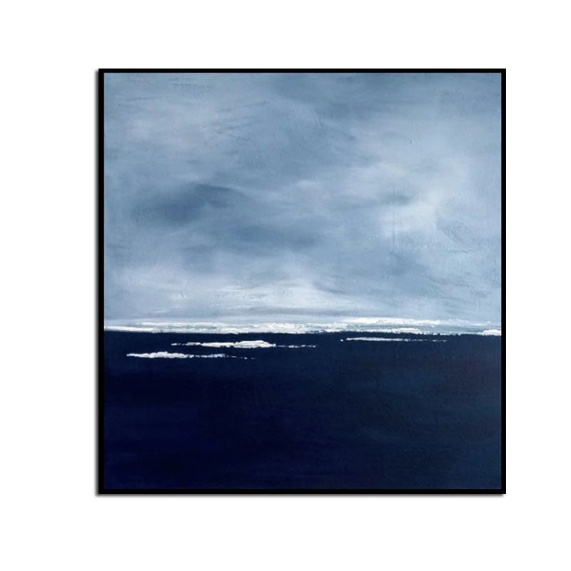 Serene Coastal Horizon: Abstract Blue Oil Painting for Modern Decor