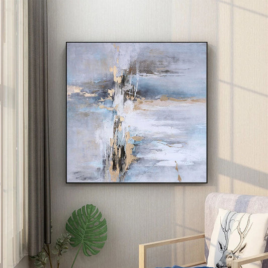 Abstract Coastal Serenity Oil Painting in Soft Blues and Golds for Modern Decor