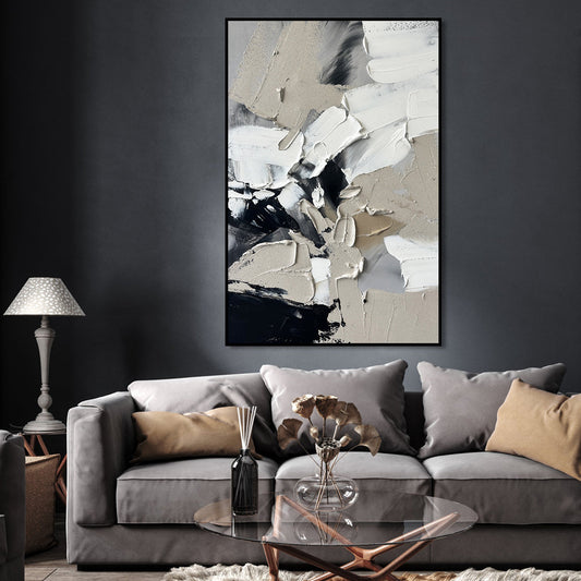 Modern Abstract Oil Painting in Elegant Black and White Tones