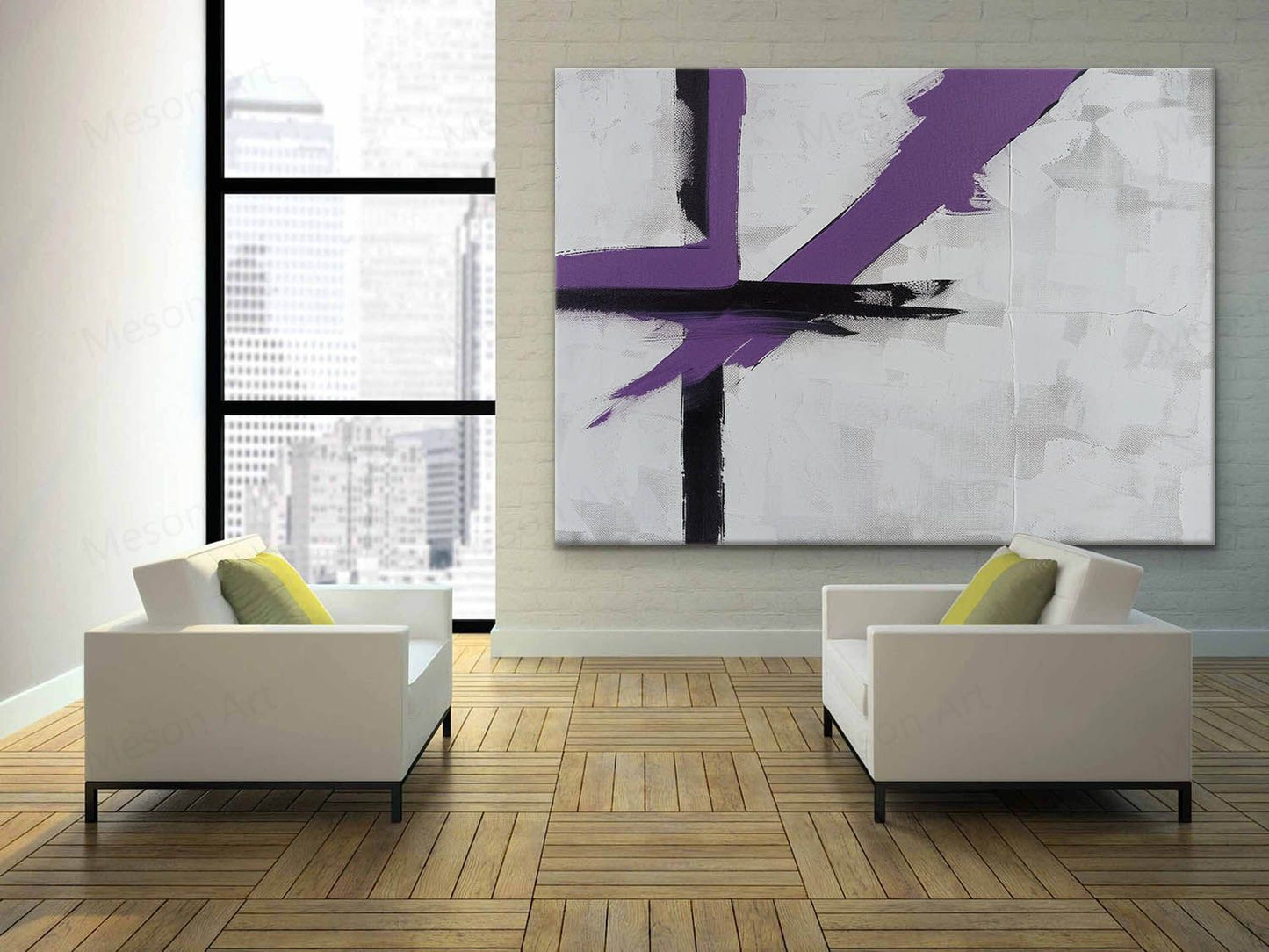 Abstract Purple and Black Minimalist Oil Painting for Modern Decor