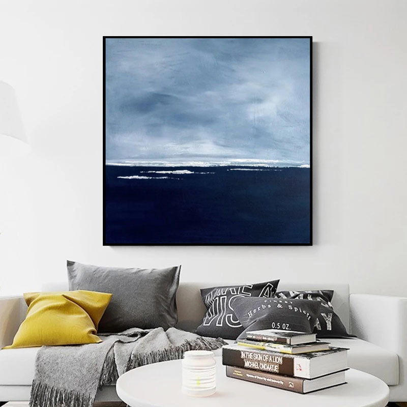 Serene Coastal Horizon: Abstract Blue Oil Painting for Modern Decor