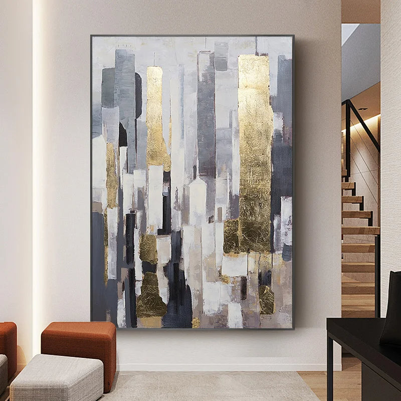 Abstract Urban Elegance with Gold Accents - Modern Oil Painting for Contemporary Decor