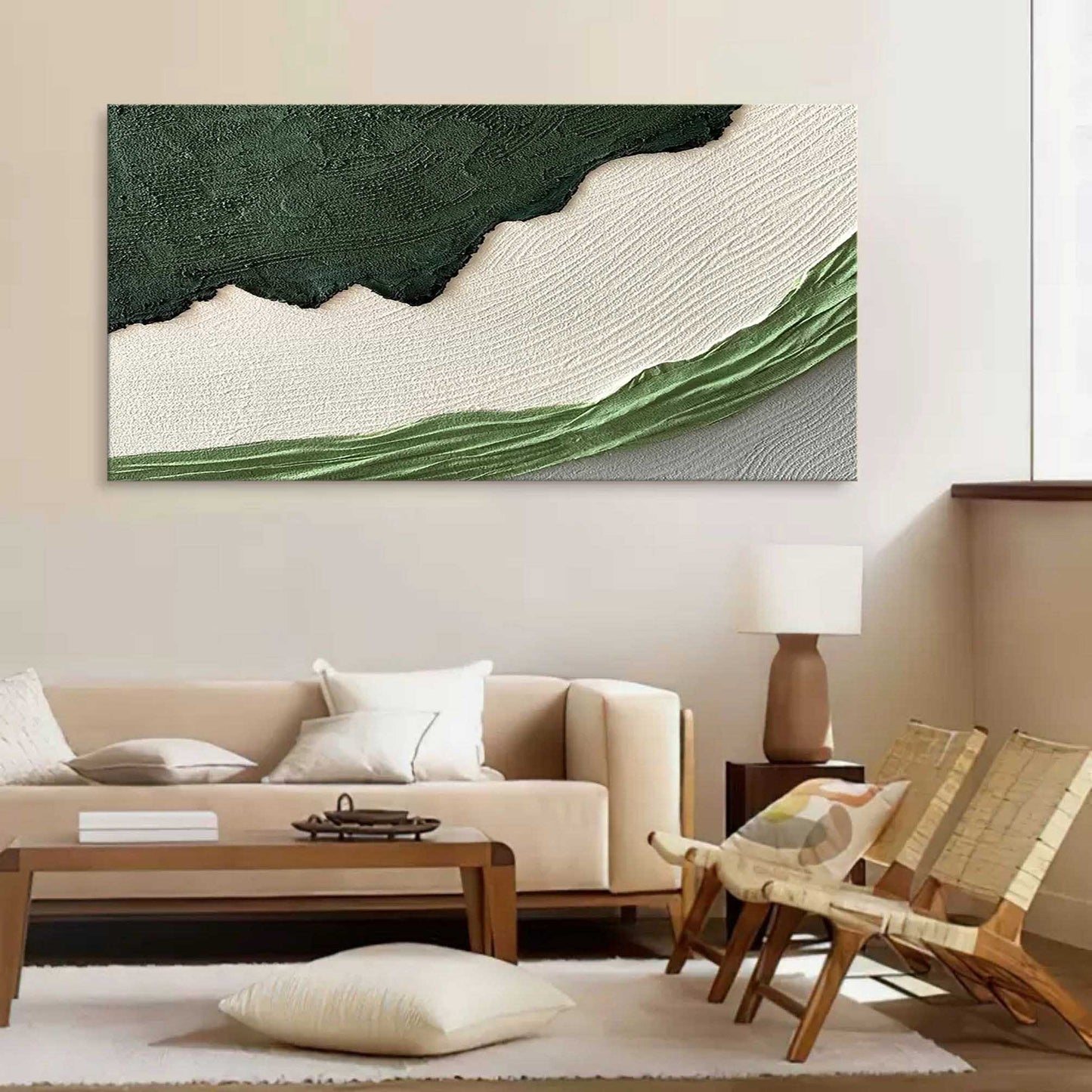 Abstract Green and White Textured Oil Painting for Modern Home Decor