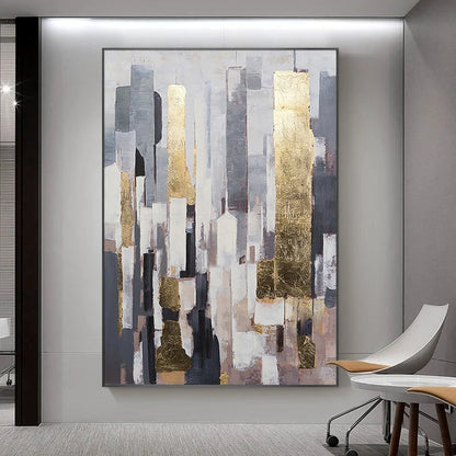 Abstract Urban Elegance with Gold Accents - Modern Oil Painting for Contemporary Decor