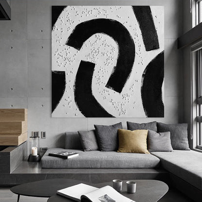 Abstract Black and White Circle Textured Oil Painting for Modern Home Decor