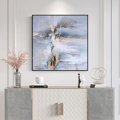 Abstract Coastal Serenity Oil Painting in Soft Blues and Golds for Modern Decor