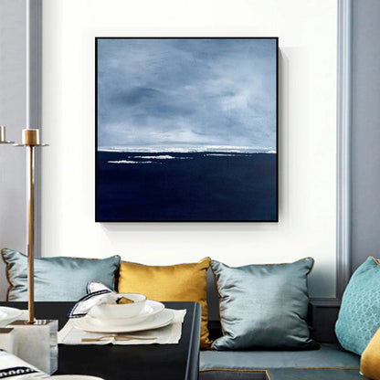 Serene Coastal Horizon: Abstract Blue Oil Painting for Modern Decor