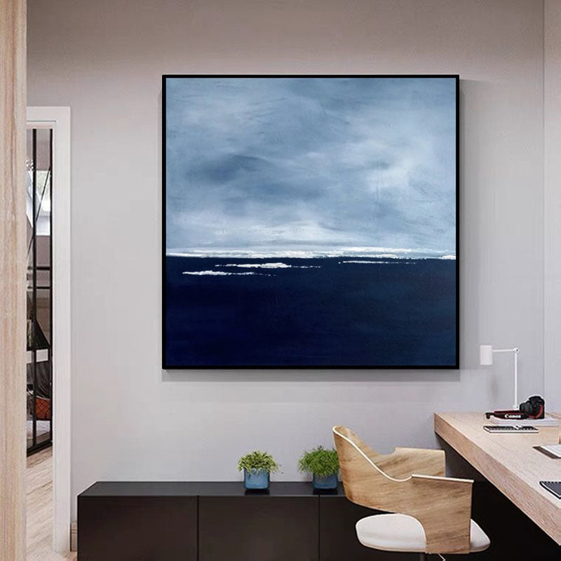 Serene Coastal Horizon: Abstract Blue Oil Painting for Modern Decor