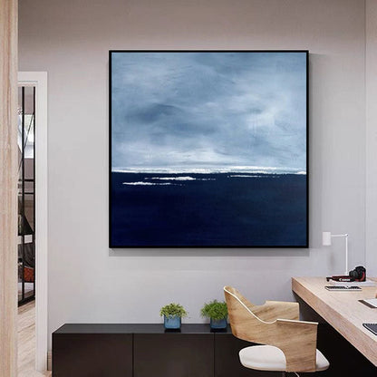 Serene Coastal Horizon: Abstract Blue Oil Painting for Modern Decor