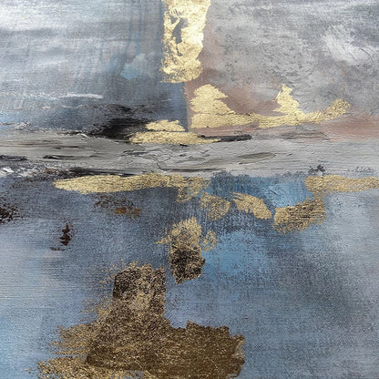 Abstract Coastal Serenity Oil Painting in Soft Blues and Golds for Modern Decor