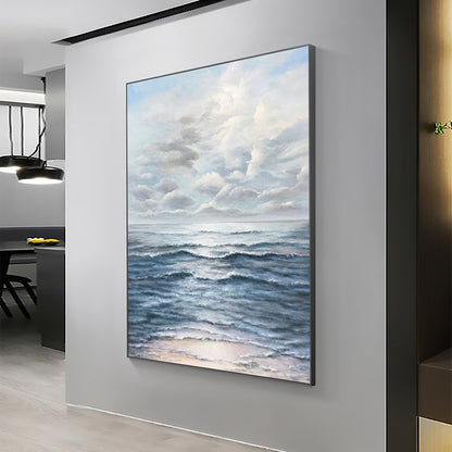Majestic Stormy Sea Oil Painting - Ocean Waves and Dramatic Clouds Artwork