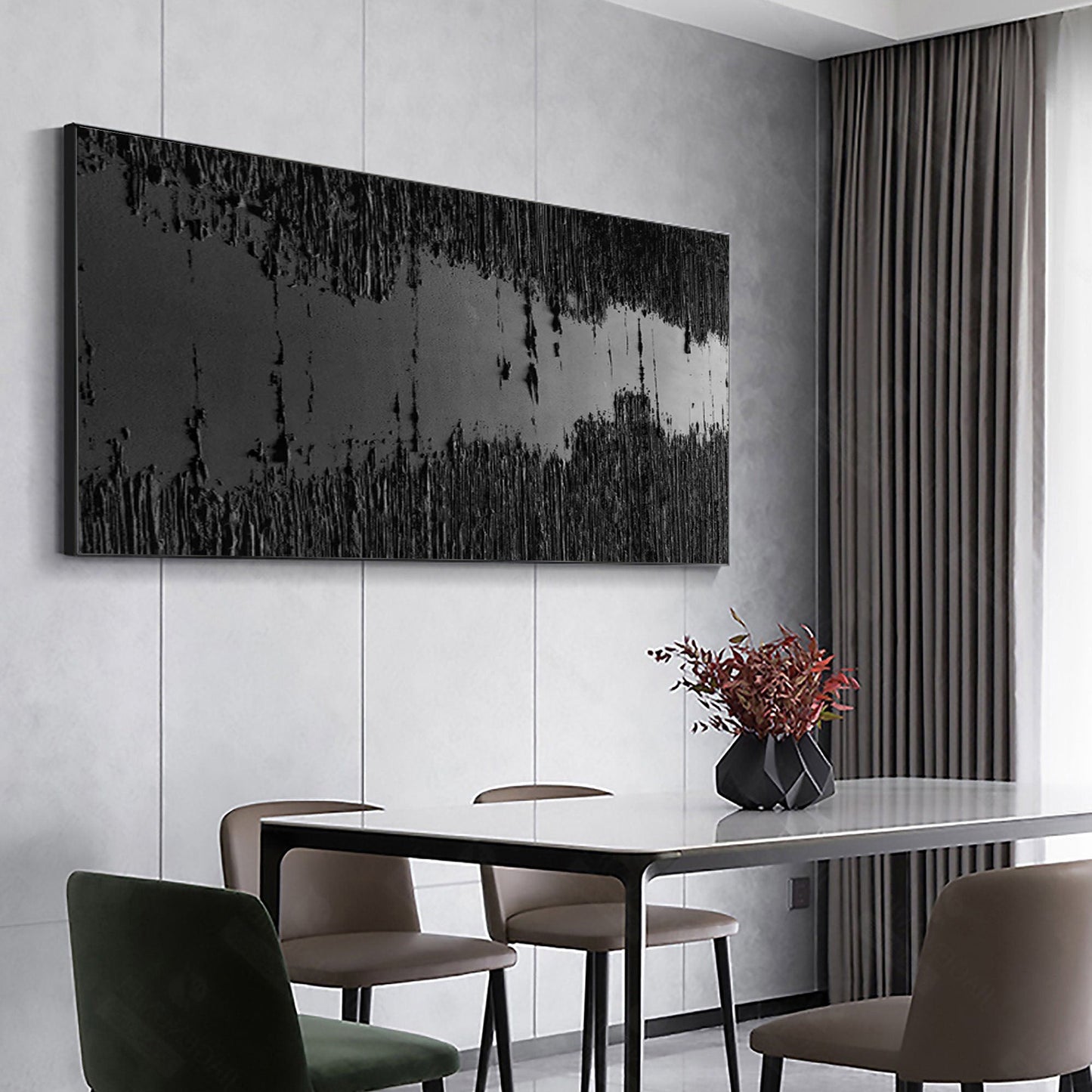 Large Black Textured Oil Painting - Modern Minimalist Canvas Artwork for Contemporary Spaces